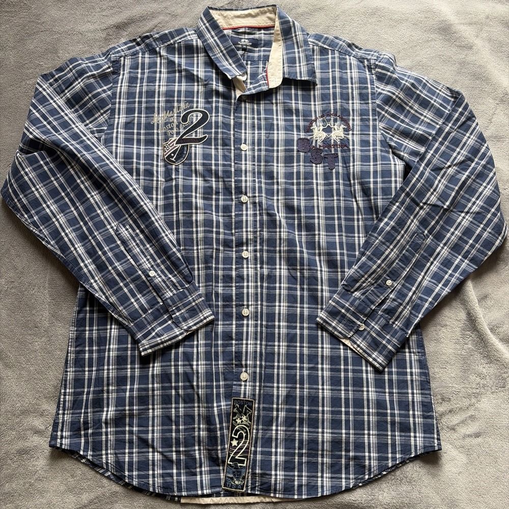 La Martina Shirt Mens 3XL Blue Plaid Long Sleeve Button Up Boston Polo Embroider